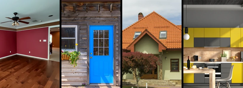 pictures of interior and exterior of several homes; colors red, blue, green and yellow